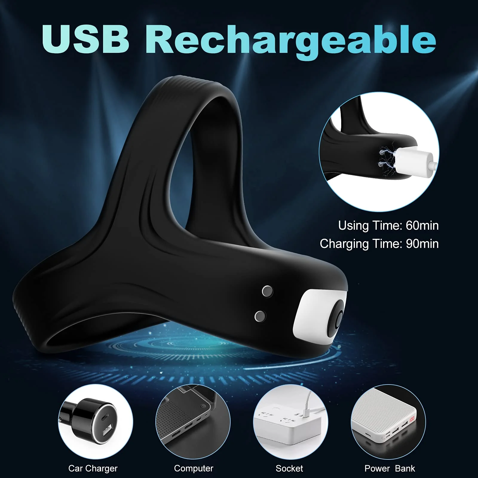 Sleek Black Penis Ring Customizable Settings - Image 5
